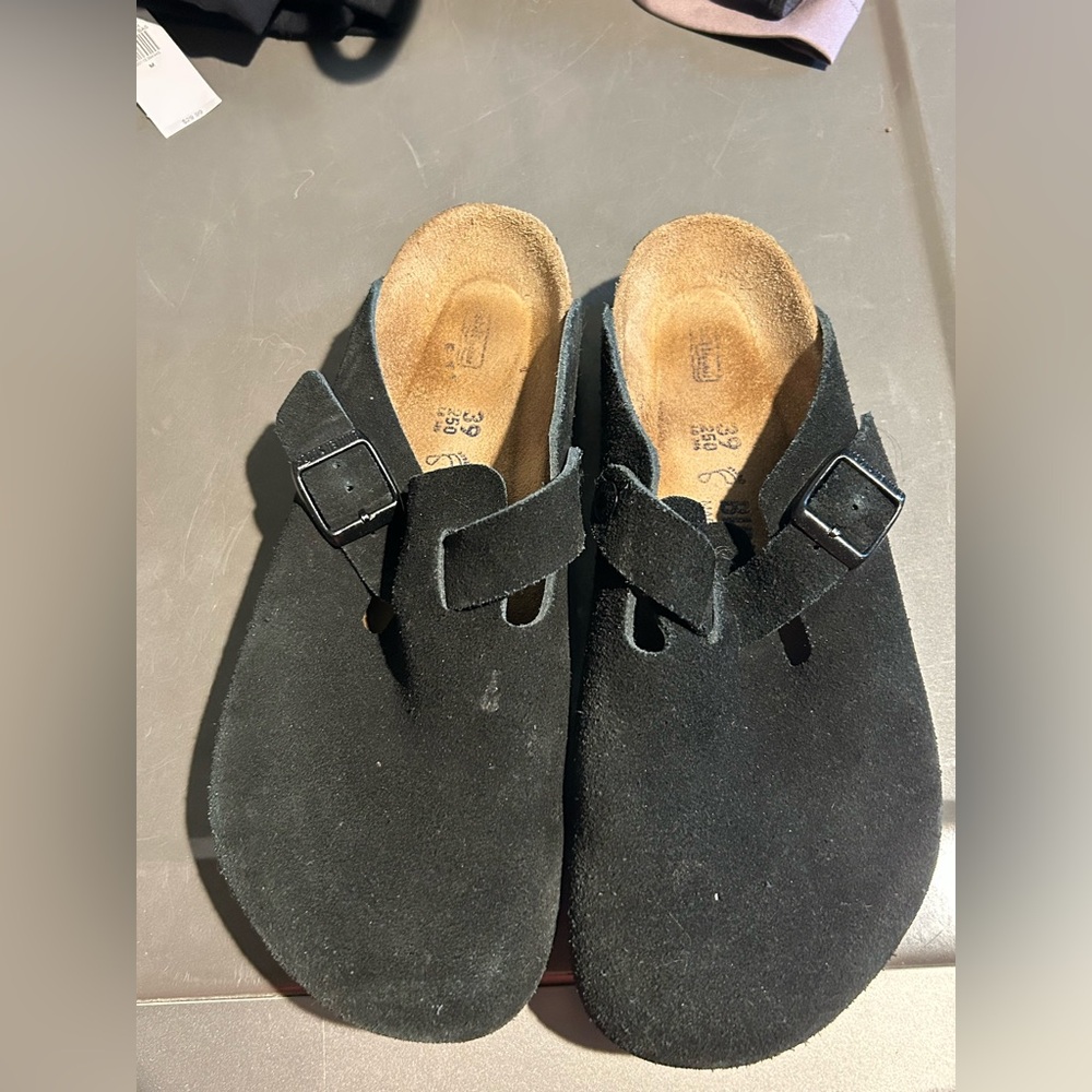 Birkenstock Boston - Black Suede Buckle Clogs